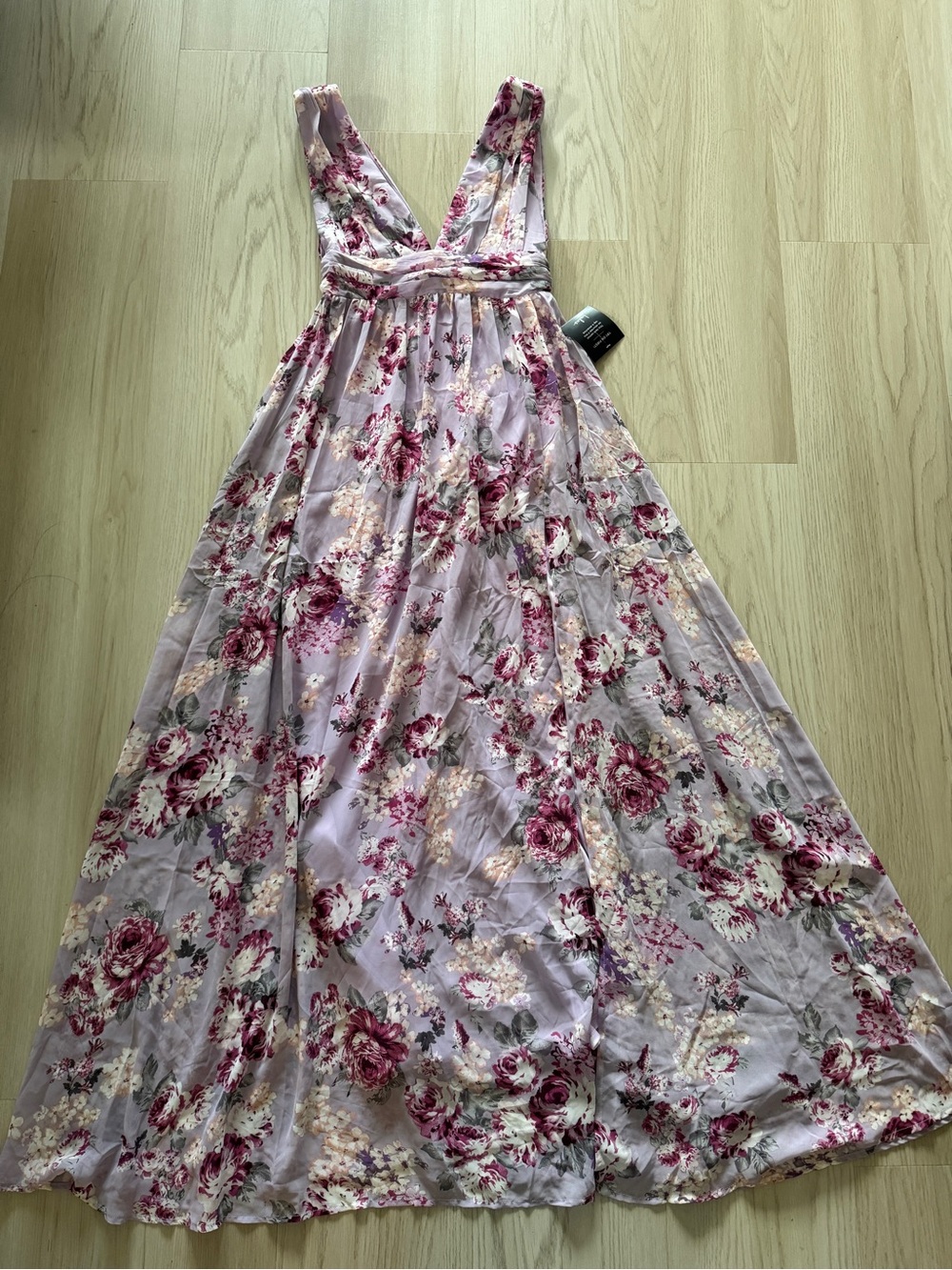 Lulu’s Garden Meandering Back Lavender Floral Maxi Dress plunge dress slit XS